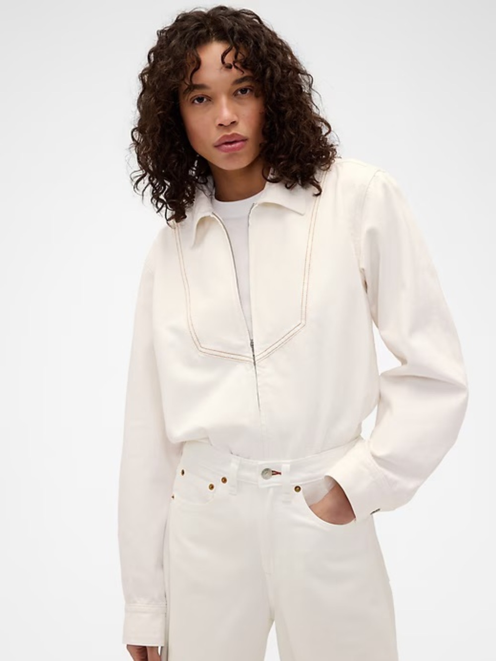 Gap x Victoria Beckham Denim Zip Shirt in White, size M